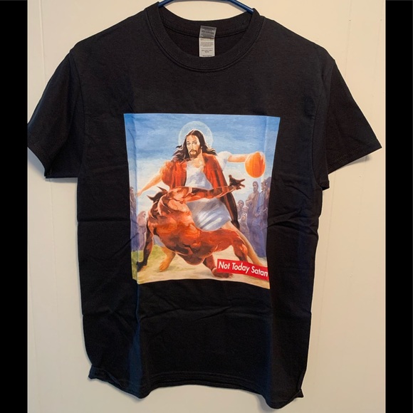 NOT TODAY SATAN CHRISTIAN JESUS CROSSOVER BASKETBALL SHIRT SZ S - Picture 1 of 3